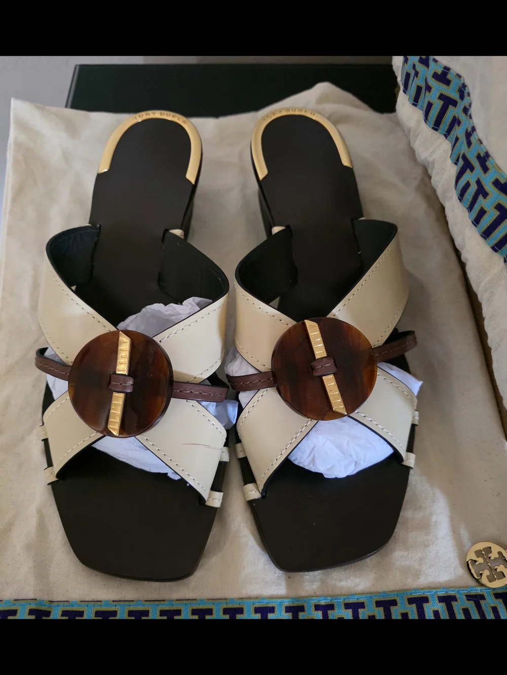 Tory Burch Cream Cross-Strap Slide Mules with Brown Medallion & Gold Accent